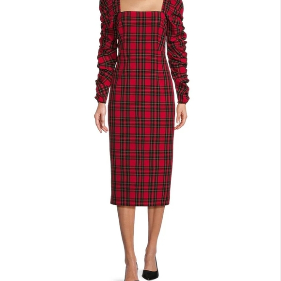 ELENA PLAID LONG RUCHED SLEEVE DRESS - Picture 2 of 7
